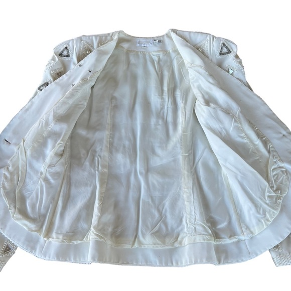 VTG Beaded Evening Jacket Heavily Embellished Winter White Pearl Triangle Sz 10 - Picture 5 of 16